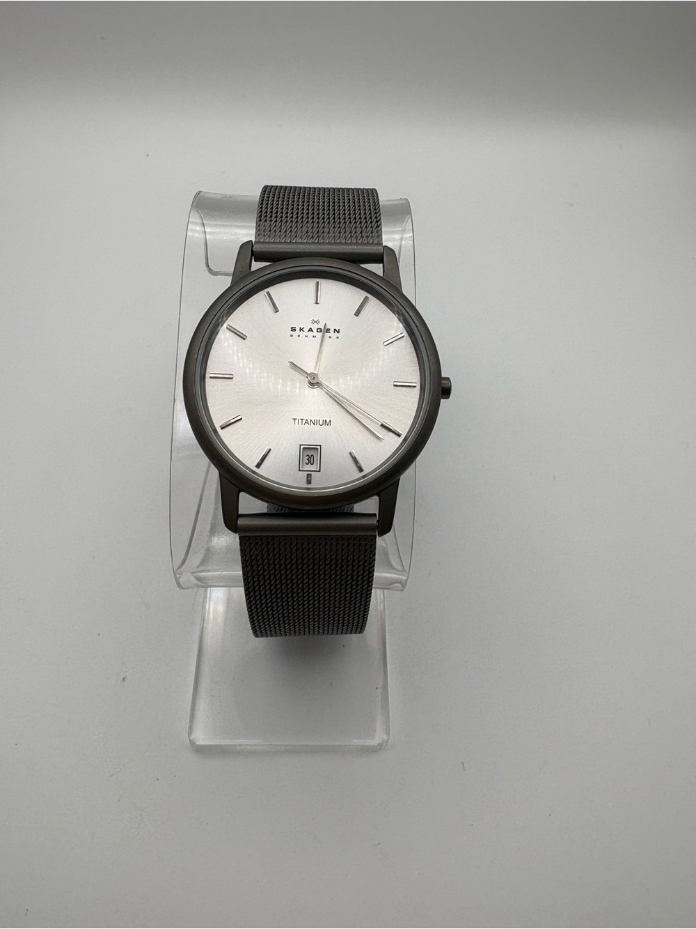 Skagen Titanium 170LTTM Watch Gray Stainless Steel Mesh Band Light Date Dial